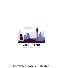 Auckland logo with skyline, cityscape retro vector icon. New Zealand city horizon, facade, travel logotype