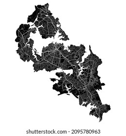 Auckland map. Detailed vector map of Auckland city administrative area. Cityscape poster metropolitan aria view. Black land with white streets, roads and avenues. White background.