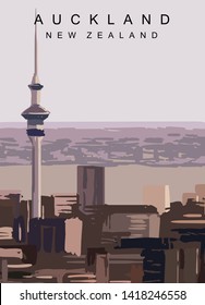 Auckland modern vector poster. Auckland, New Zealand landscape illustration. 