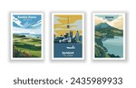 Auckland, New Zealand. Azores, Portugal. Bandon Dunes ,Golf Resort - Vintage travel poster. Vector illustration. High quality prints