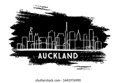 Auckland New Zealand City Skyline Silhouette. Hand Drawn Sketch. Vector Illustration. Business Travel and Tourism Concept with Modern Architecture. Auckland Cityscape with Landmarks.