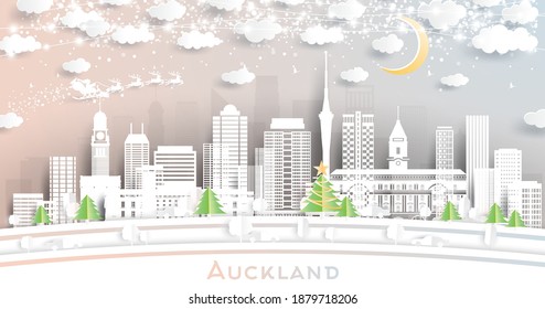 Auckland New Zealand City Skyline in Paper Cut Style with Snowflakes, Moon and Neon Garland. Vector Illustration. Christmas and New Year Concept. Santa Claus on Sleigh.