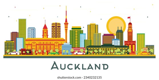 Auckland New Zealand city Skyline with Color Buildings isolated on white. Vector Illustration. Business Travel and Tourism Concept with Modern Buildings. Auckland cityscape with landmarks.