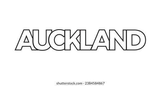 Auckland in the New Zealand emblem for print and web. Design features geometric style, vector illustration with bold typography in modern font. Graphic slogan lettering isolated on white background.