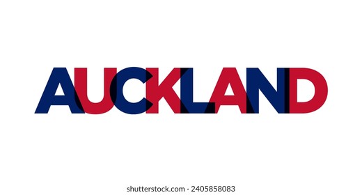 Auckland in the New Zealand emblem for print and web. Design features geometric style, vector illustration with bold typography in modern font. Graphic slogan lettering isolated on white background.