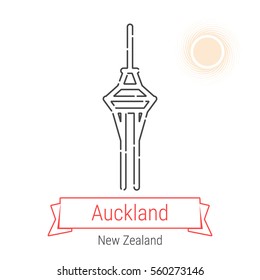 Auckland (New Zealand) flat style thin line icon with an inscription on a ribbon banner with the sun in the background. Auckland logo, landmark, vector symbol. Auckland TV Tower pictogram.