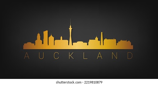 Auckland, New Zealand Gold Skyline City Silhouette Vector. Golden Design Luxury Style Icon Symbols. Travel and Tourism Famous Buildings.