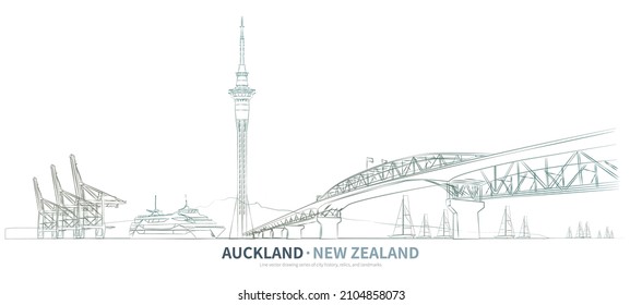 auckland, new zealand- january 11, 2022 : Auckland cityscape line drawing vector. sketch style landmark illustration 