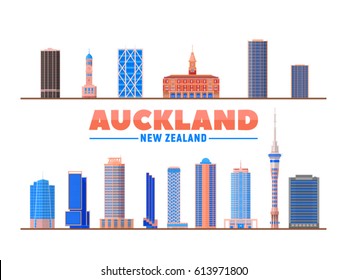 Auckland ( New Zealand ) landmarks in white background. Vector Illustration. Business travel and tourism concept with modern buildings. Image for presentation, banner, web site.