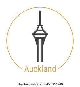 Auckland (New Zealand) outline icon with caption. Auckland City logo, landmark, vector symbol. Auckland TV tower. Illustration of Auckland isolated on white background.