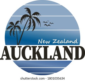 Auckland, New Zealand palm beach Logo. Adventure Landscape Design Vector Illustration.