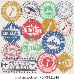 Auckland new Zealand Set of Stamps. Travel Stamp. Made In Product. Design Seals Old Style Insignia.