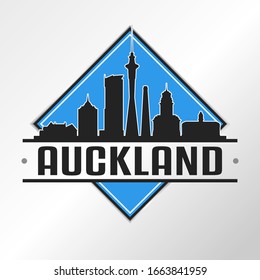 Auckland, New Zealand Skyline Logo. Adventure Landscape Design Vector Illustration.