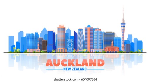 Auckland ( New Zealand ) skyline with panorama in white background. Vector Illustration. Business travel and tourism concept with modern buildings. Image for presentation, banner, web site.