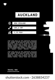 Auckland, New Zealand vector infographics, brochure black and white layout. Guide, leaflet, flyer, graphic template with text, information, skyline contour. Page, festival, cover mock up image