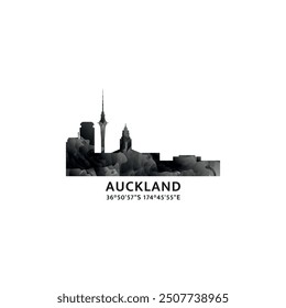 Auckland panorama, vector badge, skyline logo and icon. New Zealand city horizon logotype with landmarks and building silhouettes. Isolated foggy abstract gradient graphic