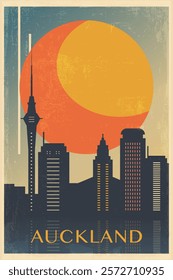 Auckland retro city poster with abstract shapes of skyline, buildings. New Zealand vintage travel vector illustration, cityscape at sunrise, sunset