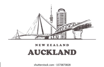 Auckland sketch skyline. New Zealand, Auckland hand drawn vector illustration. Isolated on white background. 