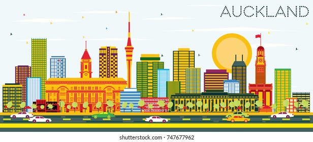 Auckland Skyline with Color Buildings and Blue Sky. Vector Illustration. Business Travel and Tourism Concept with Modern Buildings. Image for Presentation Banner Placard and Web Site.