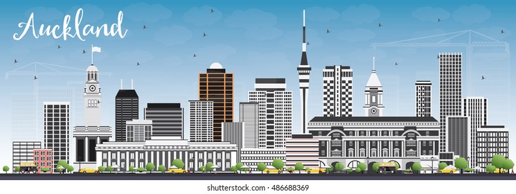 Auckland Skyline with Gray Buildings and Blue Sky. Vector Illustration. Business Travel and Tourism Concept with Modern Buildings. Image for Presentation Banner Placard and Web Site.