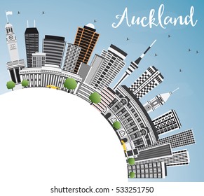 Auckland Skyline with Gray Buildings, Blue Sky and Copy Space. Vector Illustration. Business Travel and Tourism Concept with Modern Architecture. Image for Presentation Banner Placard and Web Site.