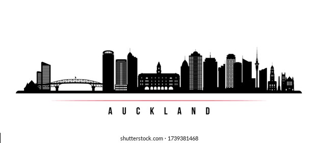 Auckland skyline horizontal banner. Black and white silhouette of Auckland, New Zealand. Vector template for your design. 