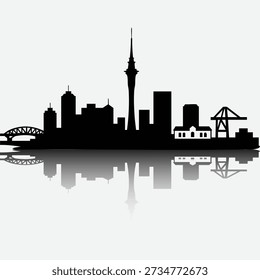 Auckland Skyline with Reflection – Sky Tower, Harbour Bridge and Port Crane in Minimalist Black Silhouette. A minimalist black silhouette of a waterfront city skyline featuring a tall central tower, a bridge on the left, and an industrial crane on the right. The buildings and structures are mirrored below, creating a clean reflection effect that enhances the modern, high‑contrast composition. This vector illustration is ideal for travel guides, editorial layouts, branding materials, and presentations related to Auckland, New Zealand, or contemporary urban environments. Suitable for both commercial and editorial use across print and digital platforms.