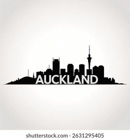 Auckland Skyline Vector Illustration – Minimal Black and White Silhouette of New Zealand’s Largest City with Iconic Landmarks