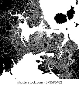 Auckland Vector Map, Artprint. Black Landmass, White Water and Roads.