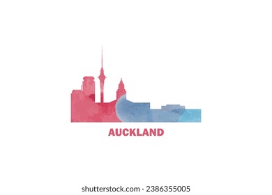 Auckland watercolor cityscape skyline city panorama vector flat modern logo, icon. New Zealand emblem concept with landmarks and building silhouettes. Isolated graphic