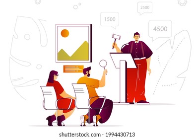 Auction in art gallery web concept. Man with gavel, buyers bargain for picture. People scene with flat line characters design for website. Vector illustration for social media promotional materials