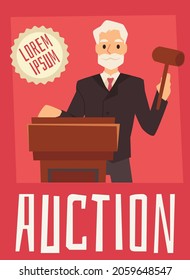 Auction banner or poster template, flat vector illustration. Auction public sales promotion card or poster design with auctioneer offering up goods for bid.