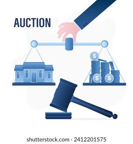 Auction, banner template for your business. Auction hammer. Business hand holds weight scale with money and house for sale. Finding balance between the bid and ask, fair price. Vector illustration