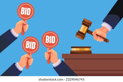 Auction bid hand paddle gavel competitive concept. Vector graphic design illustration
