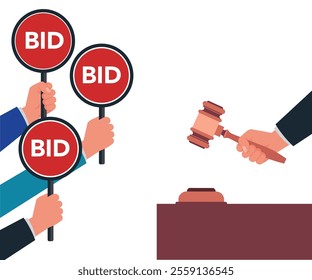 Auction bid hand paddle gavel competitive concept. Vector graphic design illustration stock illustration