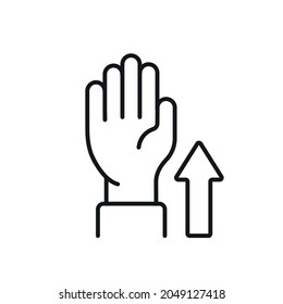 Auction bid linear icon. Hand with arrow thin line customizable illustration. Vector isolated outline drawing. Editable stroke
