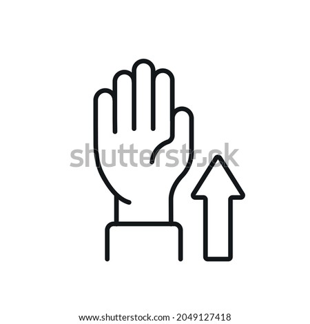 Auction bid linear icon. Hand with arrow thin line customizable illustration. Vector isolated outline drawing. Editable stroke