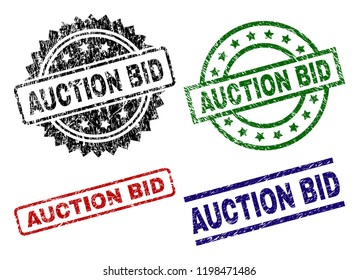 AUCTION BID seal prints with damaged texture. Black, green,red,blue vector rubber prints of AUCTION BID caption with scratched texture. Rubber seals with round, rectangle, medallion shapes.