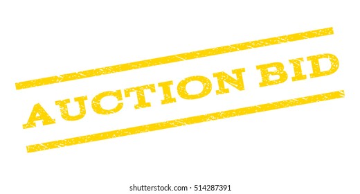 Auction Bid watermark stamp. Text tag between parallel lines with grunge design style. Rubber seal stamp with scratched texture. Vector yellow color ink imprint on a white background.