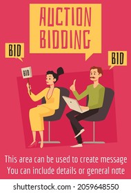 Auction bidding banner or poster layout with bidding people cartoon characters, flat vector illustration. Auction public sales promotion card or poster design.