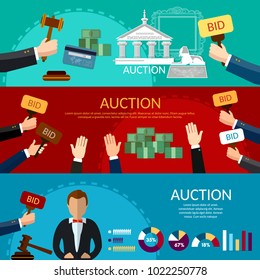 Auction and bidding banners. Selling antiques sale paintings art object culture. Auction bidding art concept vector 