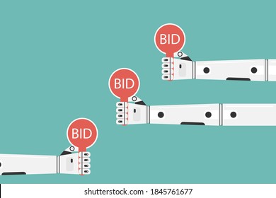 Auction, bidding, bid. The robot's hand holds a bet sign. Vector, cartoon illustration. Vector.