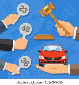 Auction and bidding concept. Auctioneer holding gavel in hand, and buyers holding in hand bids. sale car at auction. icon in flat style. isolated vector illustration