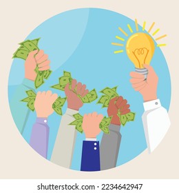 Auction and bidding concept. Hand holding money. Selling a good idea. Flat vector illustration.