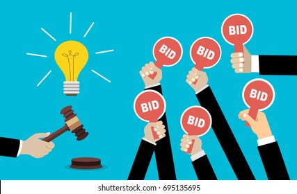 Auction And Bidding Concept. Hand Holding Auction Paddle. Selling A Good Idea. Flat Vector Illustration.