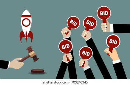 Auction and bidding concept. Hand holding auction paddle. Selling a startup. Flat vector illustration.