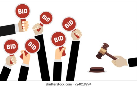 Auction and bidding concept. Hand holding auction paddle. Flat vector illustration.