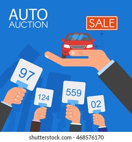 Auction and bidding concept vector illustration in flat style design. Selling car.