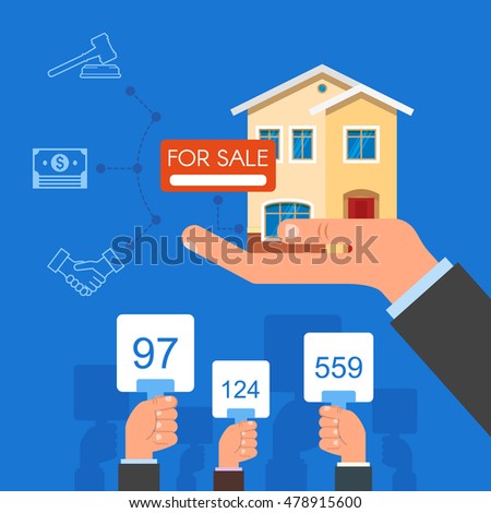 Auction and bidding concept vector illustration in flat style design. Selling house from auction.
