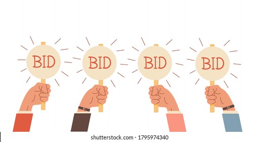 Auction bidding. Hands holding bids paddle. Sale and buyers. Business competitors buying. Financial auctioneers holding cards with caption. Flat arm with signs. Vector illustration on white.